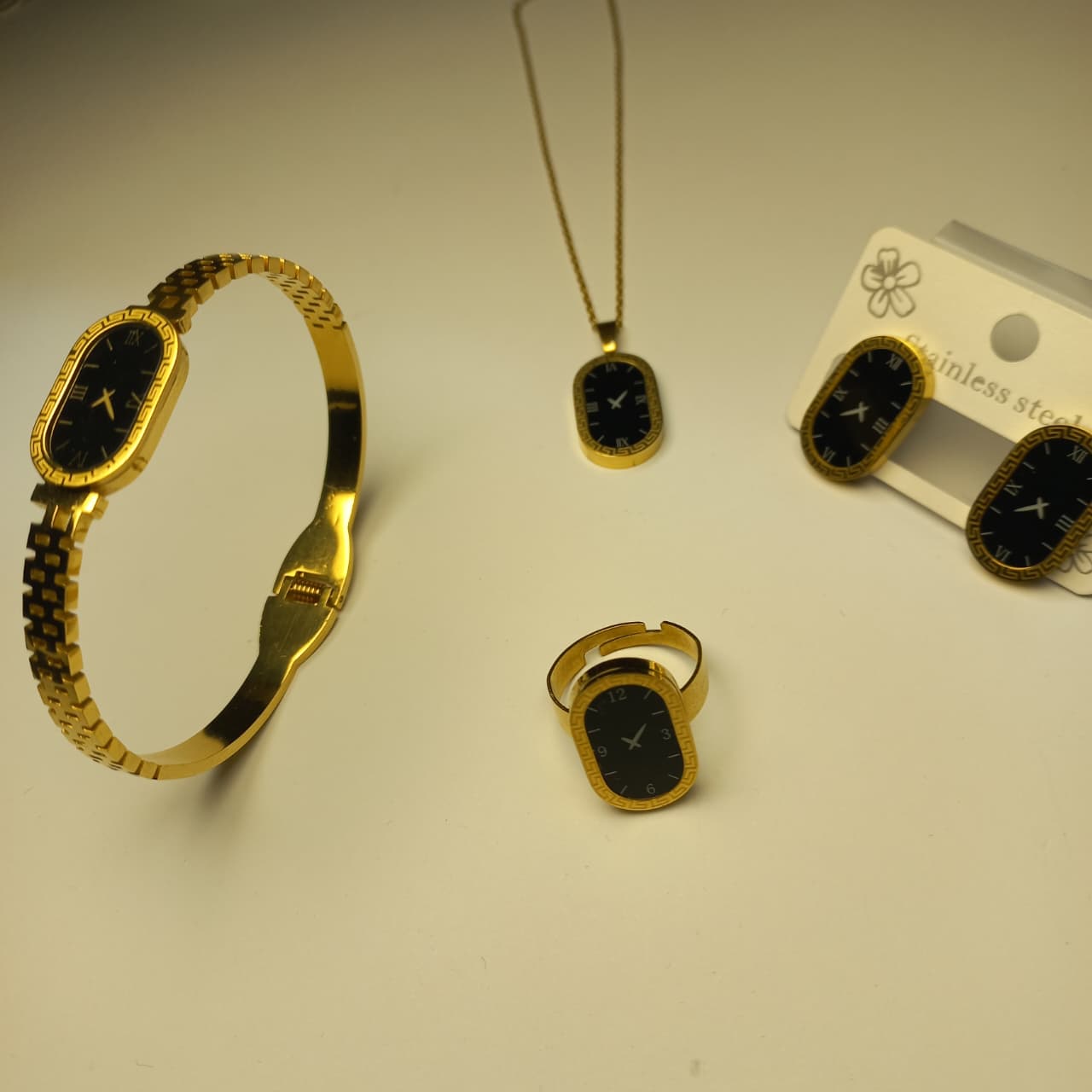 Luxury Black Watch Dial Stainless Steel Jewelry Set