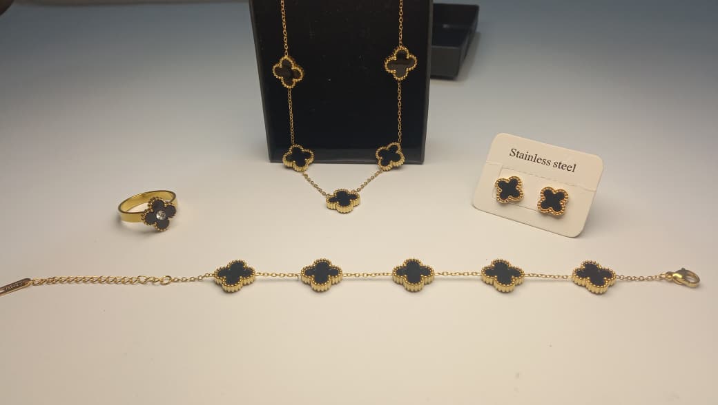 Black Clover Stainless Steel Jewelry Set – Necklace, Bracelet, Ring & Earrings