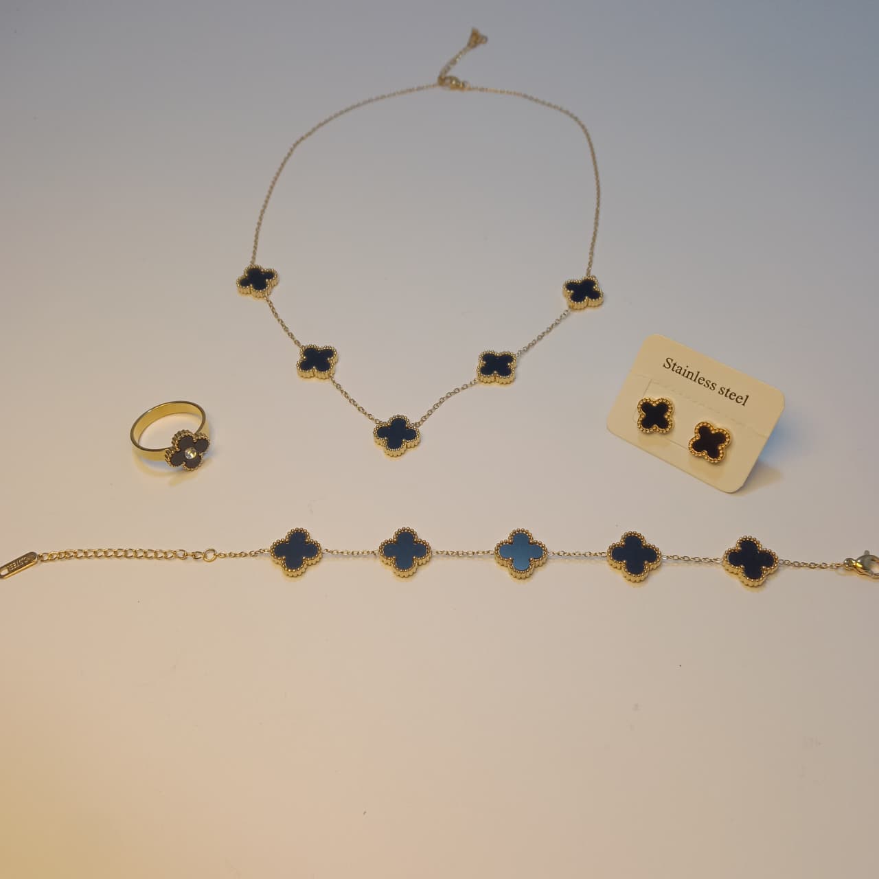Black Clover Stainless Steel Jewelry Set – Necklace, Bracelet, Ring & Earrings