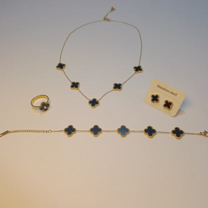 Black Clover Stainless Steel Jewelry Set – Necklace, Bracelet, Ring & Earrings