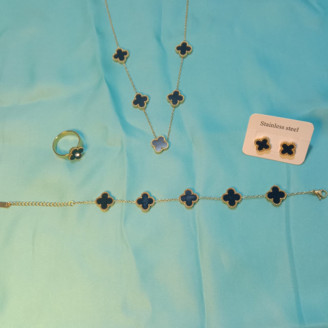 Black Clover Stainless Steel Jewelry Set – Necklace, Bracelet, Ring & Earrings