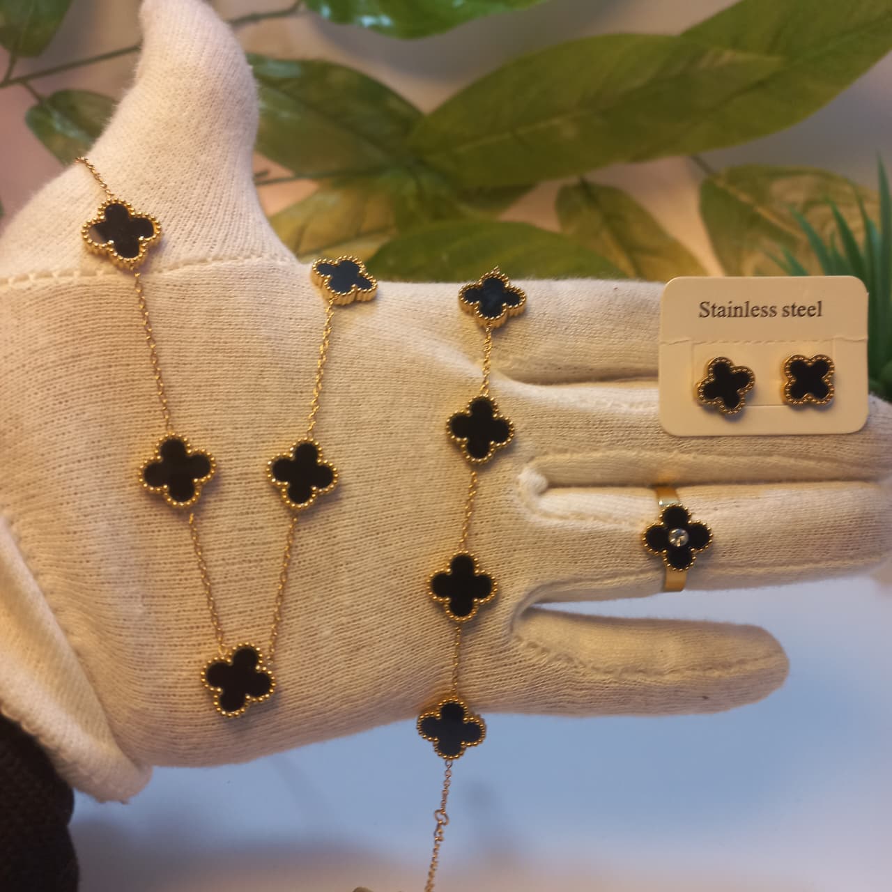 Black Clover Stainless Steel Jewelry Set – Necklace, Bracelet, Ring & Earrings