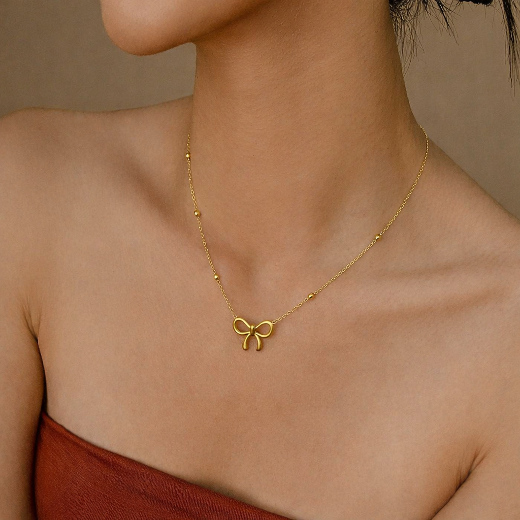 Minimalist Ribbon Charm Necklace with Beaded Satellite Chain