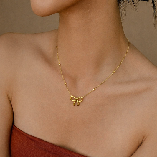 Minimalist Ribbon Charm Necklace with Beaded Satellite Chain