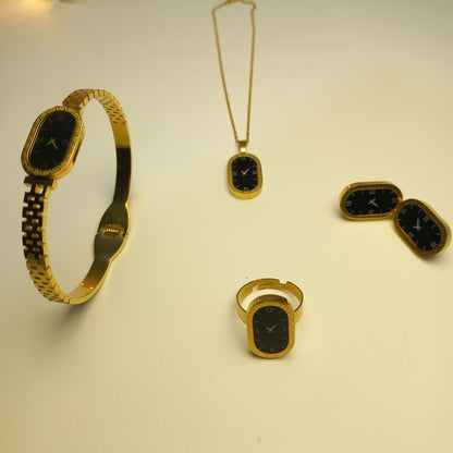 Luxury Black Watch Dial Stainless Steel Jewelry Set