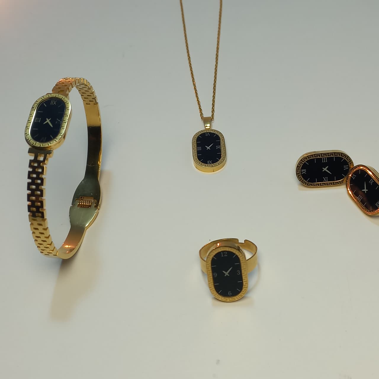 Luxury Black Watch Dial Stainless Steel Jewelry Set