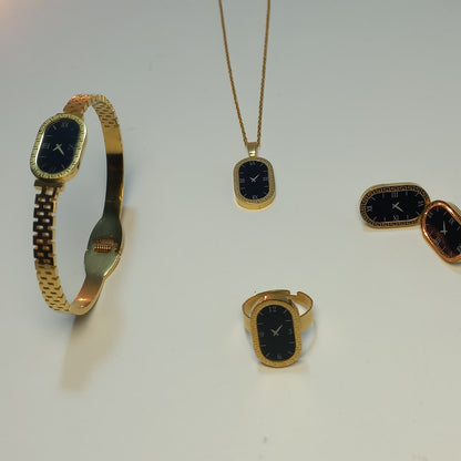 Luxury Black Watch Dial Stainless Steel Jewelry Set