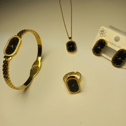 Luxury Black Watch Dial Stainless Steel Jewelry Set