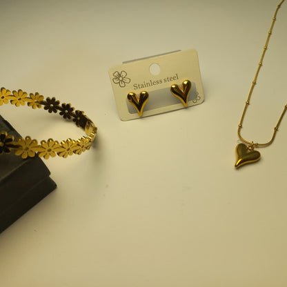 Waterproof Heart Pendant Necklace, Stud Earrings & Daisy Flower Bangle
