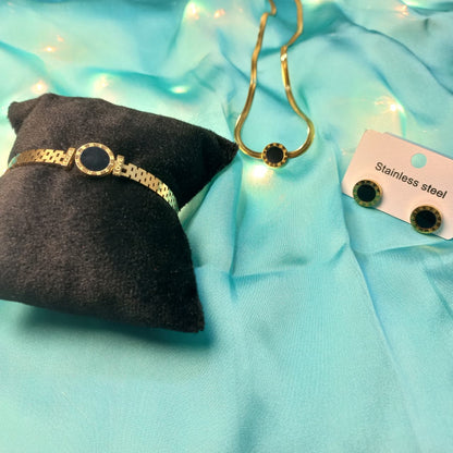 Steel Necklace, Bracelet & Earrings - Black 3-Piece Set for Women